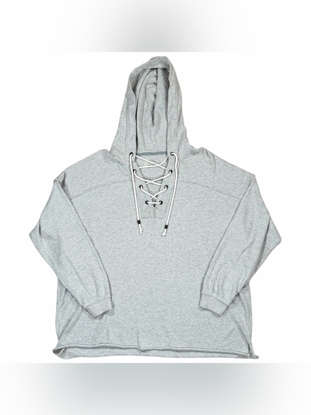 Aerie Women's Gray Lace Up Raw Hem Oversized Pullover Hoodie Sweatshirt Size X